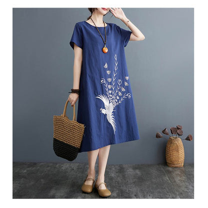 Slimming Plus Embroidery Loose Fit A-Line Artistic Linen Dress
