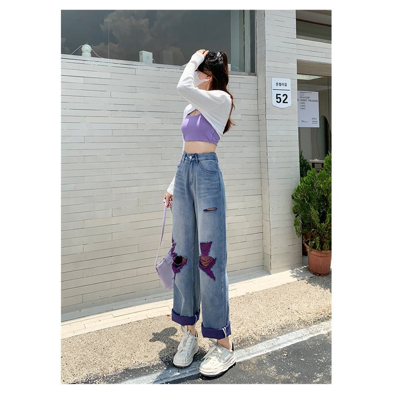 Slimming Versatile Floor-Length Distressed Loose Fit Straight High-Waisted Jeans