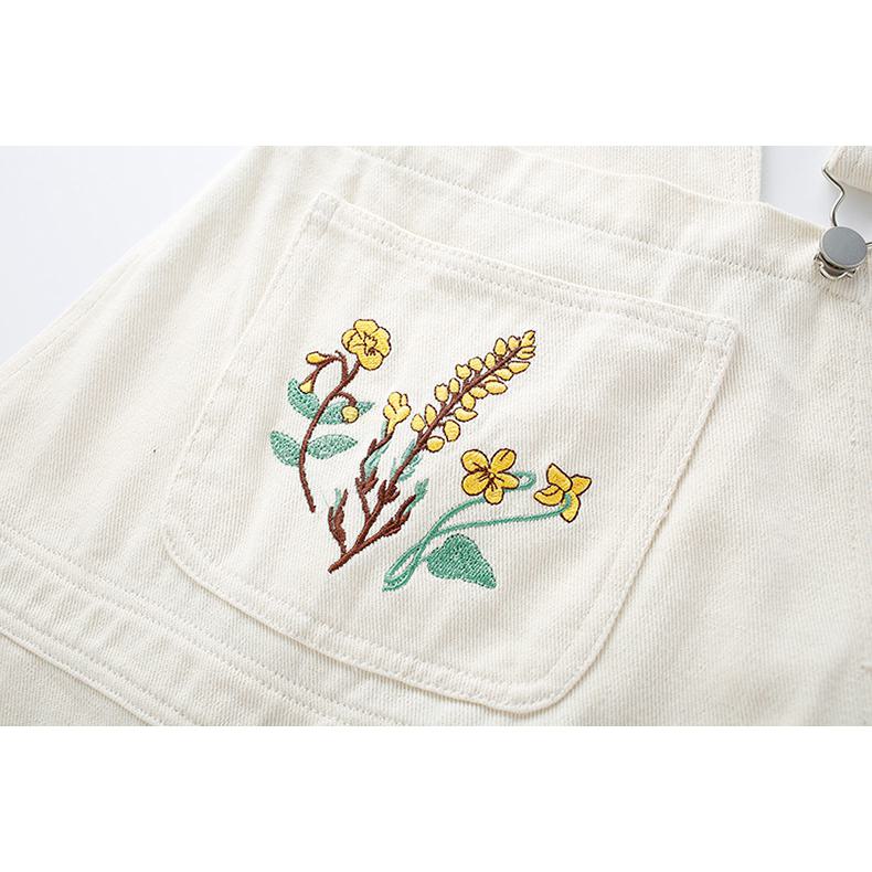 Slimming Embroidery Loose Fit Washed Denim Overalls