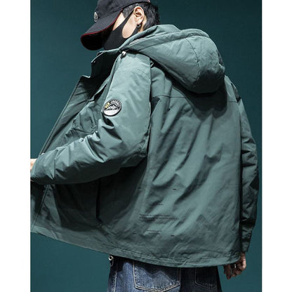 ワークウェアスタイルのゆったりフィットレインコートフード付きジャケット