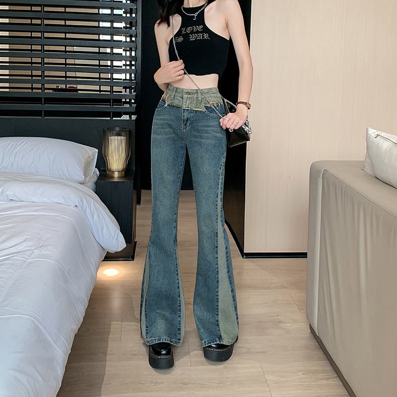 High-Waisted Slight Flare Worn-Out Look Color Blocking Retro Patchwork Jeans