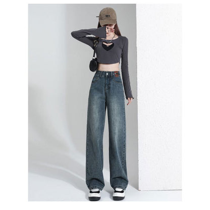 Casual Floor-Length Straight Style High-Waisted Wide-Leg Retro Jeans