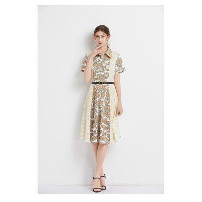 French Style Floral Print Retro Waist Belt Dress