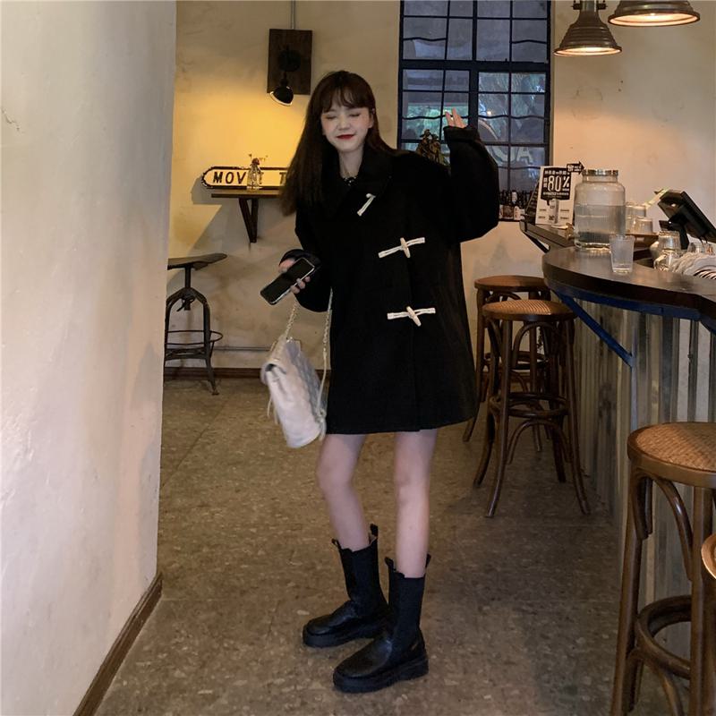 Thigh-Length Loose Fit Horn Toggle Wool Duffle Coat