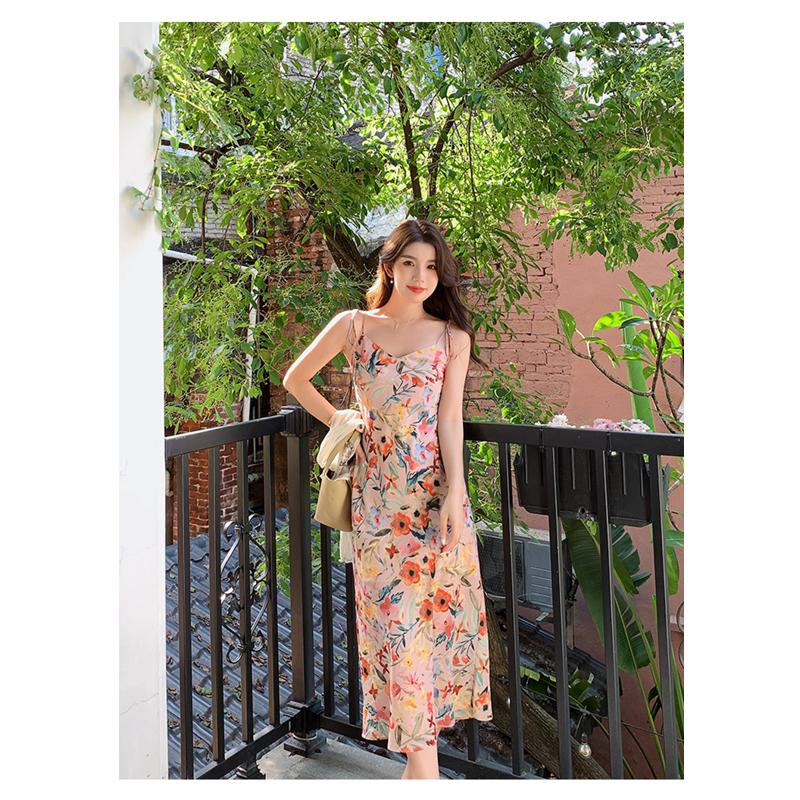 Floral Print Long Style Worn Outside Niche Slimming Dress
