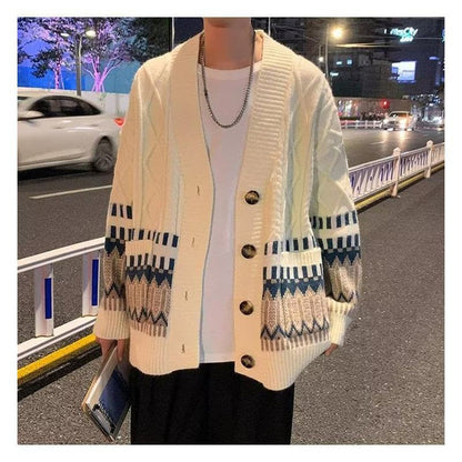 Jacquard Color-Blocking Loose-Fit Lazy Knitted Versatile Cardigan