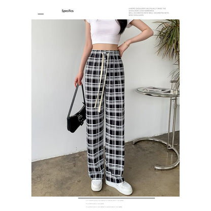 Silky Draping High-Waisted Loose-Fit Slimming Thin Plaid Pants