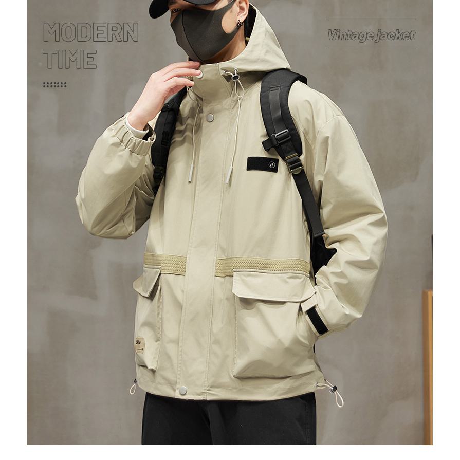 Workwear Style Patch Pocket Patchwork Windproof Raincoat Hooded Jacket