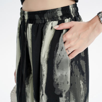 Pantalon taille haute à motif de peinture à l'encre, jambe droite et mince effet tie-dye