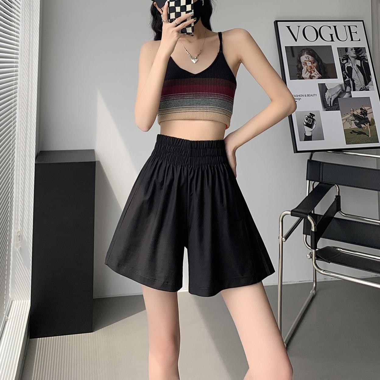 Slimming Thin Casual High-Waisted Loose Fit A-Line Elastic Washed Cotton Workwear Shorts
