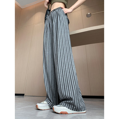 Loose Fit High-Waisted Lazy Thin Straight Stripe Drawstring Pants