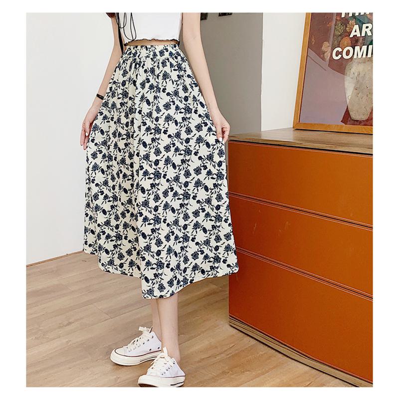 High-Waisted Lining Print Retro French Style Mesh Skirt
