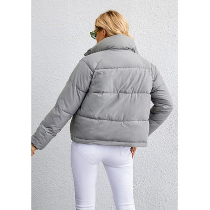 Cropped Zippered Pocket Stand-Up Collar Puffer Jacket
