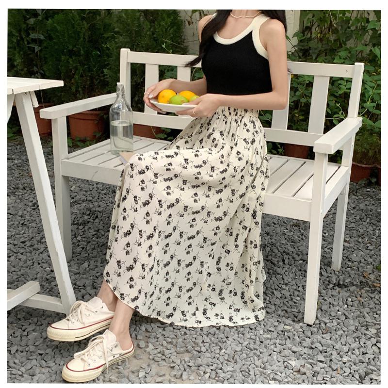 Floral Print Midi Elastic Waist Versatile Mesh Skirt