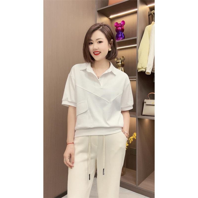 Two Beads Versatile Chic Anti-Aging Lapel Casual Short Sleeve Tee