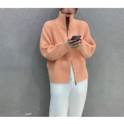Stand-Up Collar Cropped Cardigan Solid Color Knitted Loose Fit Zipper Lazy Cardigan