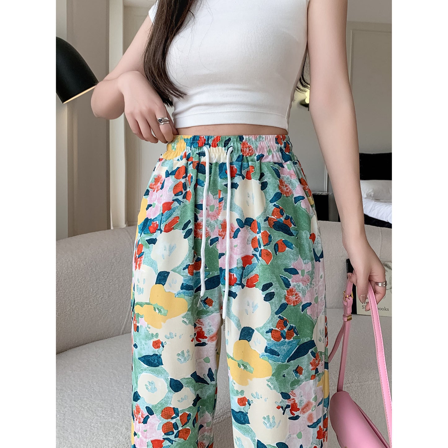 Silky Loose-Fit Draping High-Waisted Chiffon Slimming Drawstring Print Versatile Pants