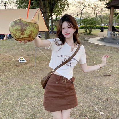 Women's T-Shirt Irregular Cropped V-Neck Short Sleeve Tee