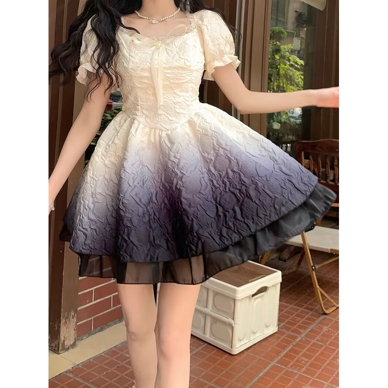Gradient Color Elastic Bubble Dress