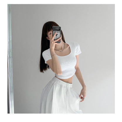 Embroidery Navel-Baring Low Waist Slim-Fit Pit Strip Clavicle Square Collar Letter Low-Cut Short Sleeve Tee