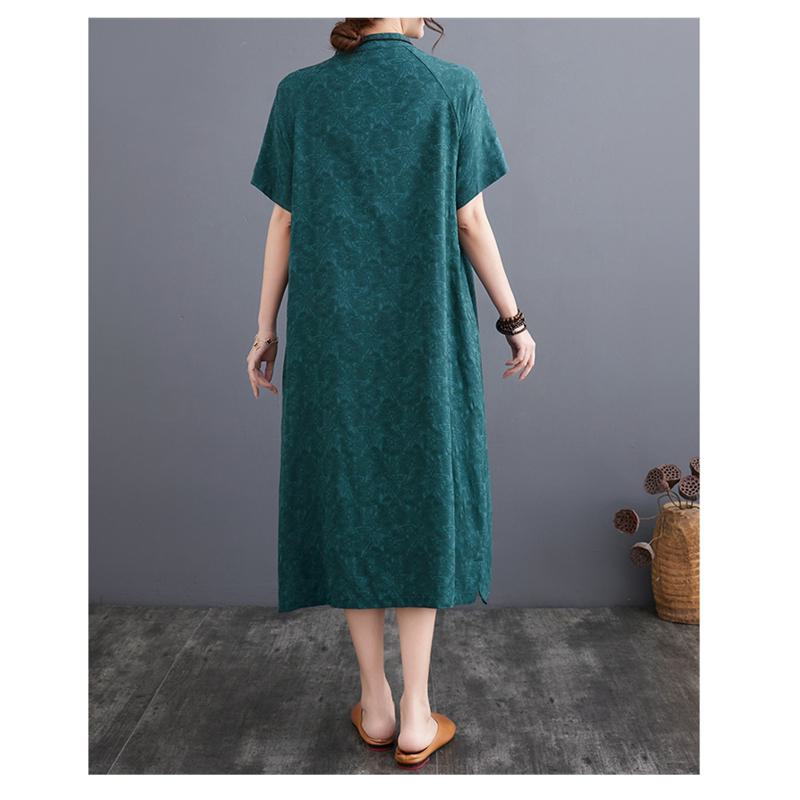 Zen-Style Retro Jacquard Plus Loose Fit Linen Dress