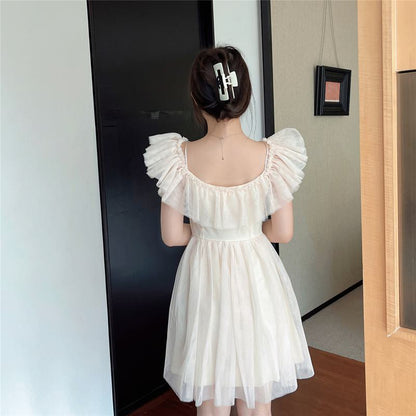 Gentle V-Neck Off-Shoulder Ruffle Hem Mesh Super Fairy Fairy Dress