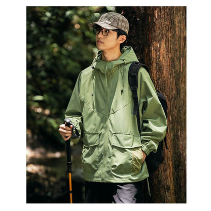 ワークウェアスタイルのキャンプ用防風トレンディなレインコートフード付きジャケット