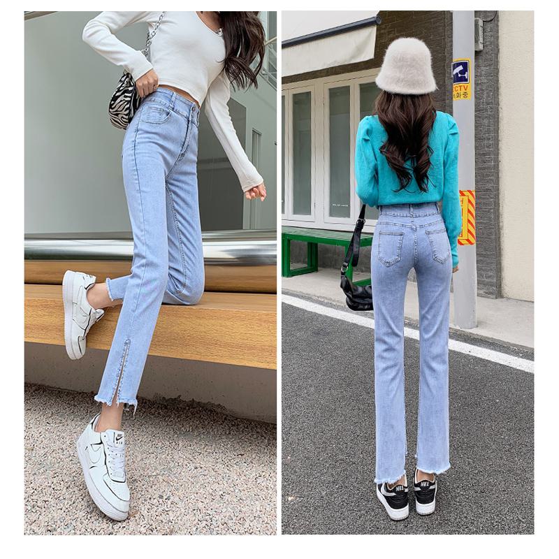 Slimming Cropped Elasticity Frayed Edge Loose Fit Straight High-Waisted Split Jeans