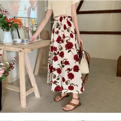 Elegante y Versátil Falda Floral de Estilo Clásico con Cintura Elástica para Damas