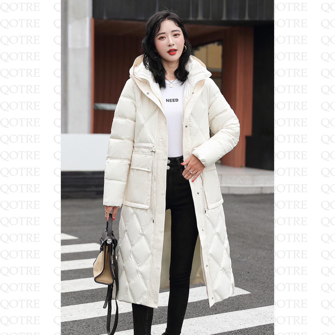 Cinched Waist Windproof Quilted Puffer Coat