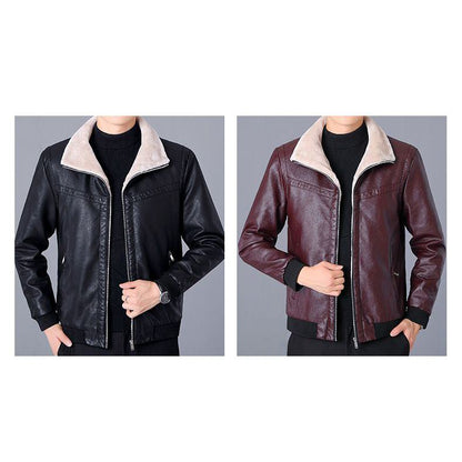 Thick Stand-Up Collar Fleece-Lined Leather Jacket