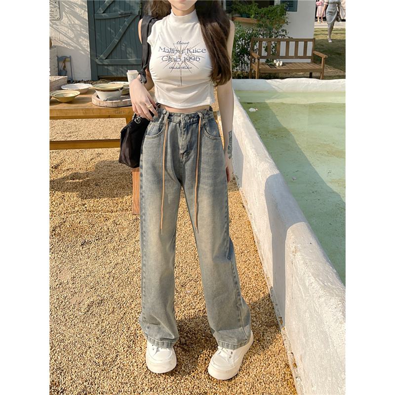 Slimming Floor-Length Draping Lengthened Niche High-Waisted Straight-Leg Jeans