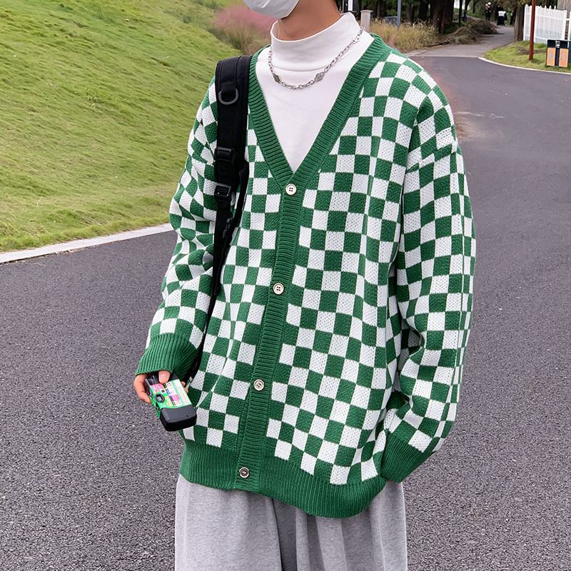 Trendy Color Block Cardigan Knitted Loose Fit Checkerboard Sweater