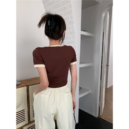 Round Neck Slim-Fit Color Blocking Navel-Baring Cropped Short Sleeve Tee