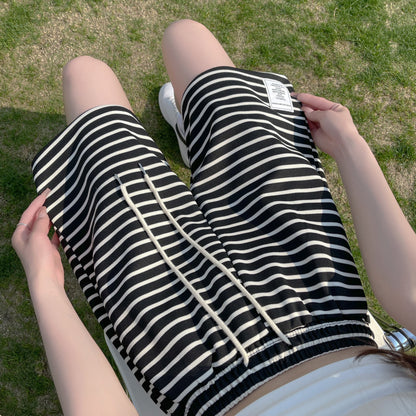 Black And White Stripes Loose Fit Wide-Leg Drawstring Versatile Elastic Waist Casual Shorts