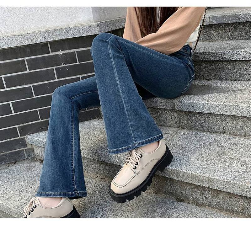 High-Waisted Draping Floor-Length Elasticity Straight Slim-Fit Jeans