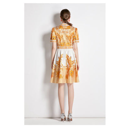 Niche V-Neck Full Skirt Style Light Elastic Print French Style Dress