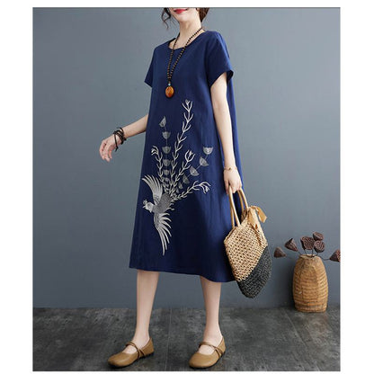 Slimming Plus Embroidery Loose Fit A-Line Artistic Linen Dress
