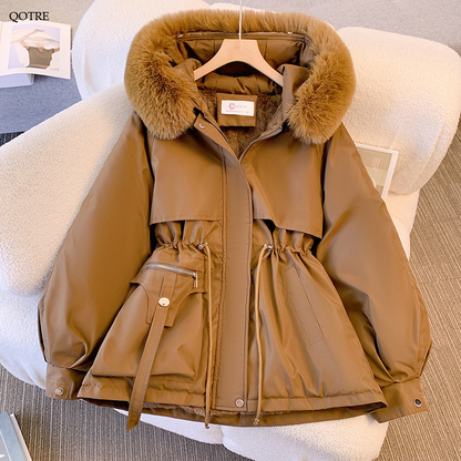 Cropped Cinched Waist Fur Collar Parka