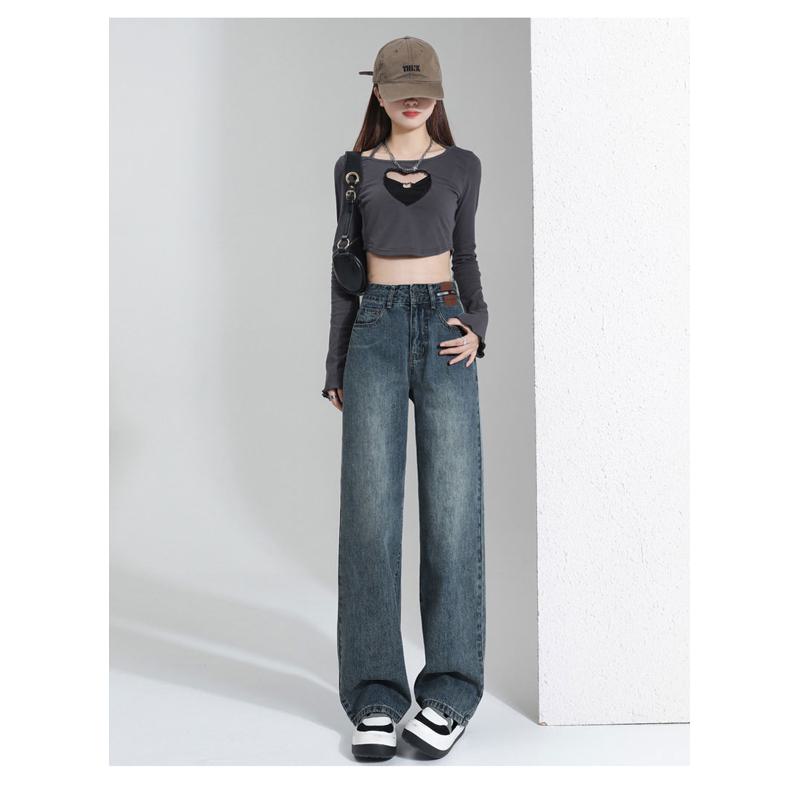 Casual Floor-Length Straight Style High-Waisted Wide-Leg Retro Jeans