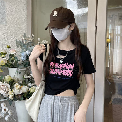 Women's T-Shirt Hollowed-Out Slim-Fit Cropped Short Sleeve Tee