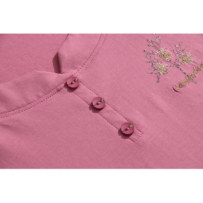 Button Pullover Loose Fit Pure Cotton Embroidery Short Sleeve Tee