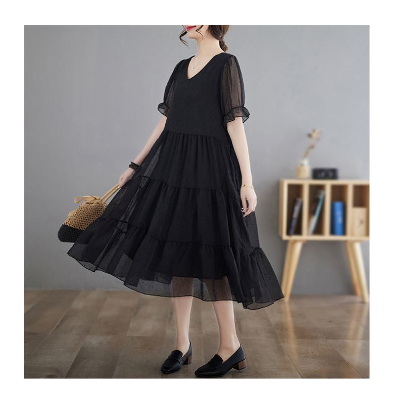 French Style Elegance Plus Cake Slimming Plant Velvet V-Neck Dress