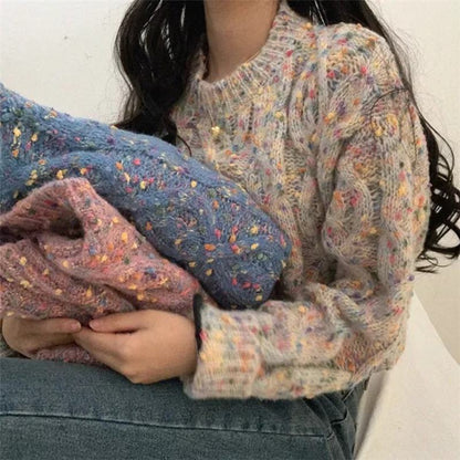 Kürzerer Retro-Sweater mit bonbonfarbenem Blockmuster und Anti-Aging-Effekt