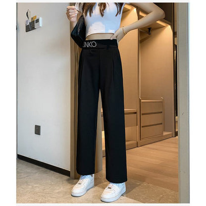 Pantalon en chiffon taille haute avec pendentif de lettres, coupe slim et droite pour un effet amincissant décontracté.