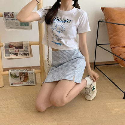 Bear Pattern High-Waisted Navel-Baring Cropped Slim-Fit Short Sleeve Tee