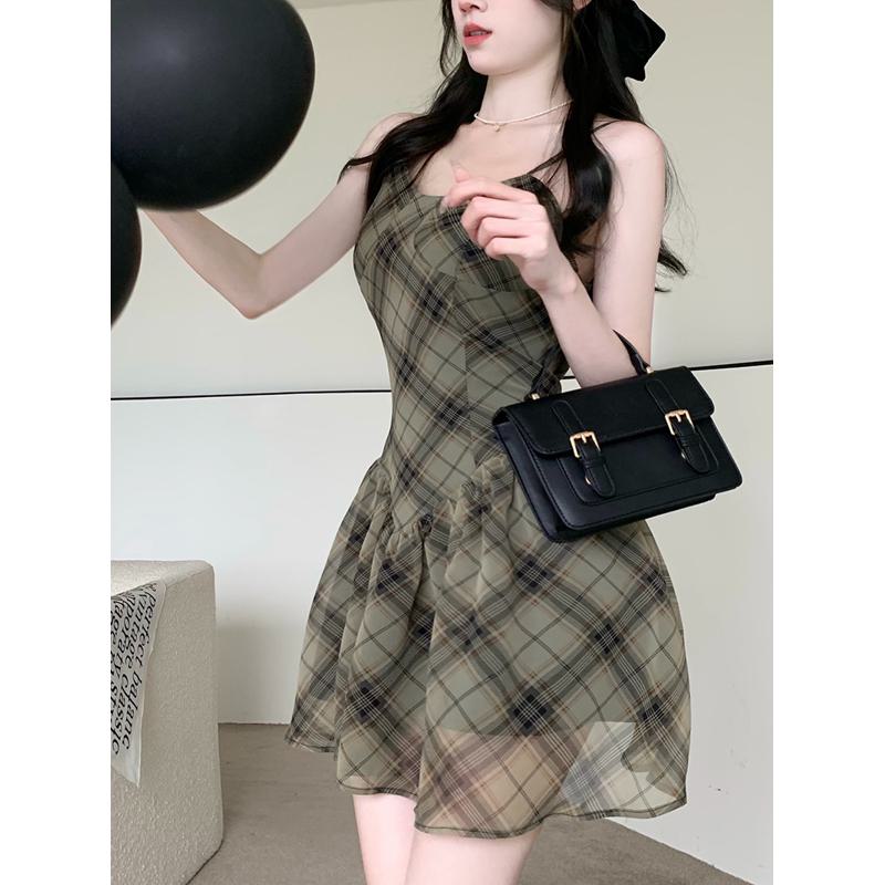 Chiffon Print Off-Shoulder Chic Slimming French Style Cinched Waist Plaid Dress