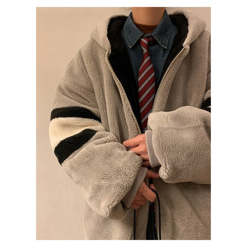 Chaqueta de forro polar de lana de cordero, cálida, resistente al frío, con doble capa de terciopelo grueso y capucha.