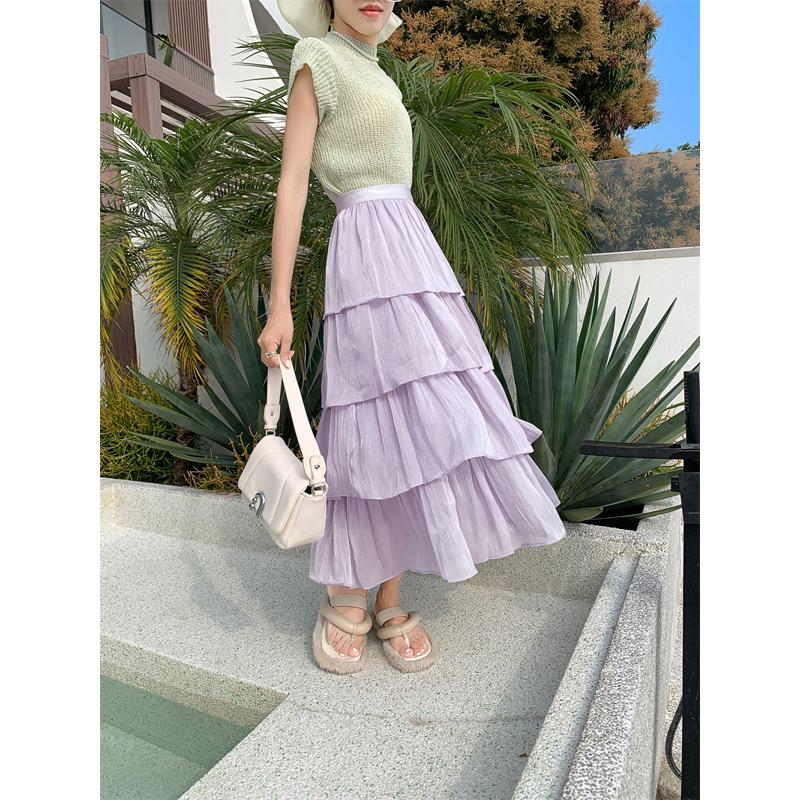 High-Waisted Glossy Pleated Pearl Luster Layered Midi Skirt