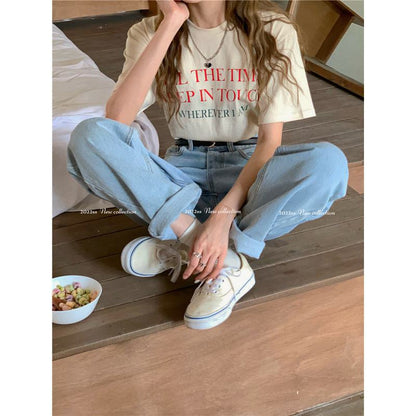 Women's T-Shirt Midi Letter Simplicity Loose-Fit Short Sleeve Tee